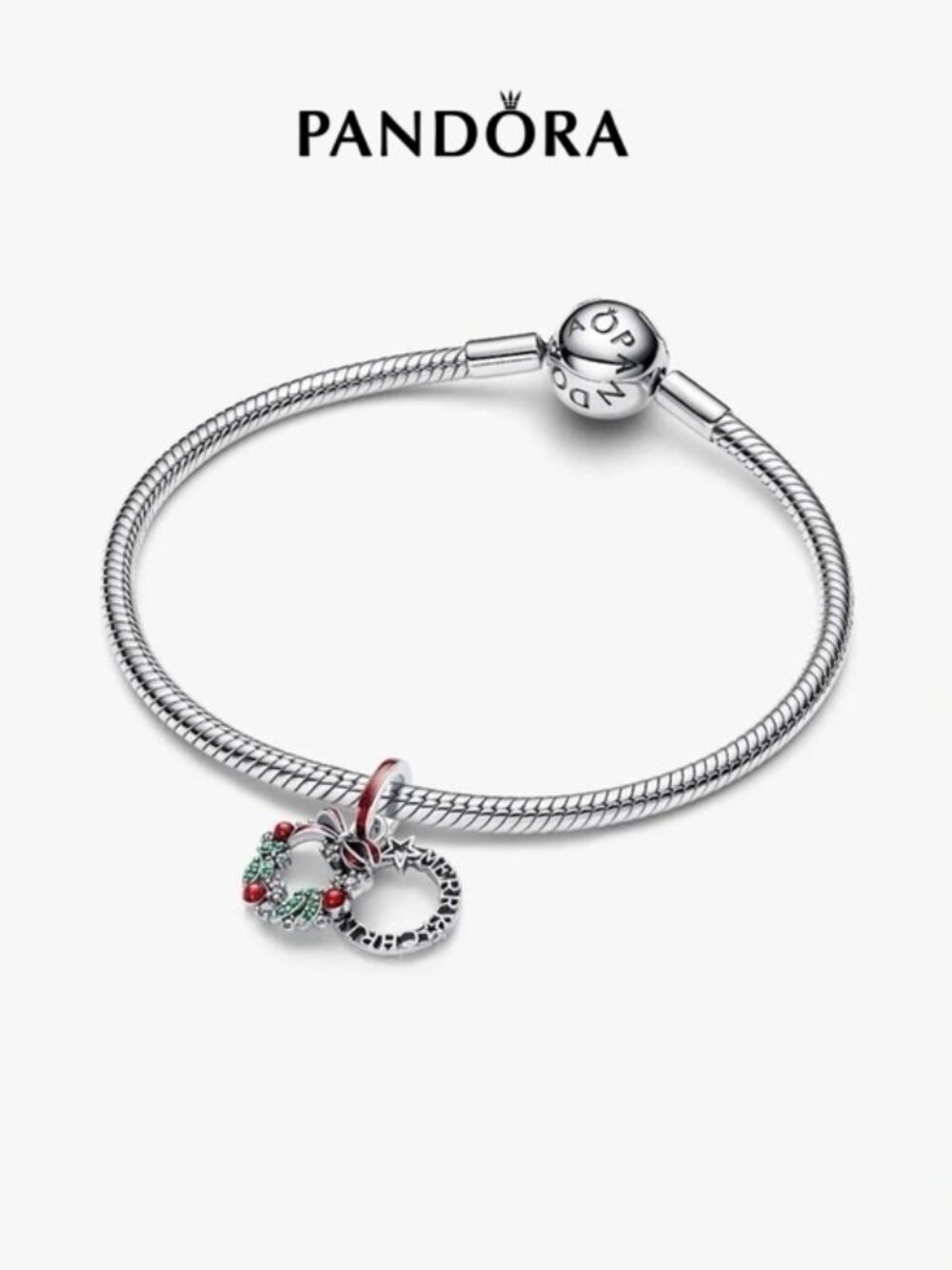 Pandora Silver Bracelet with Red and Green Holiday Wreath Charm
